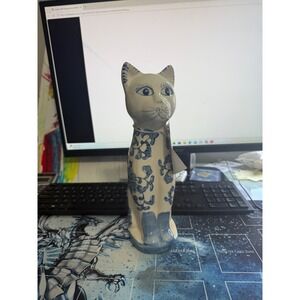 Three Hands Blue and White Ceramic Cat Figurine Chinoiserie Floral Decor